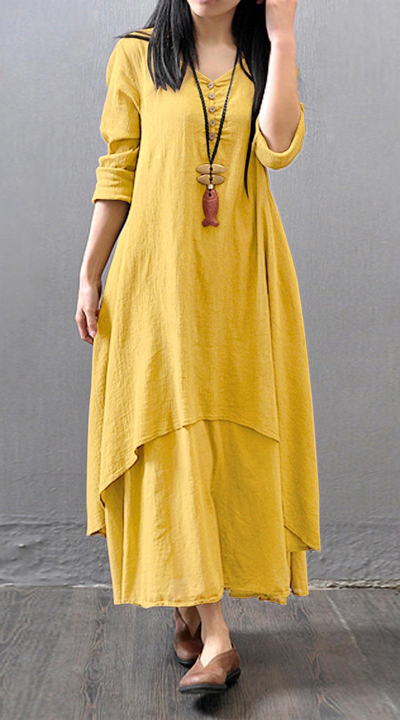 R.Vivimos Women Long Sleeve Cotton Casual Loose Plus Size Irregular Long Dresses (Large, Yellow) - Image 2